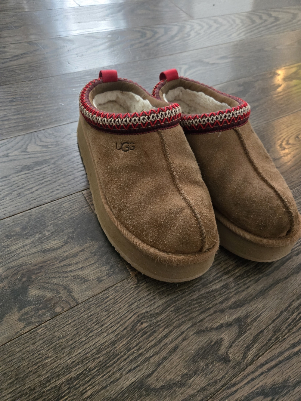 UGG Chestnut Suede Slip-On Slipper with Red Trim